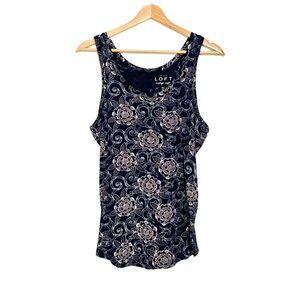 Ann Taylor Loft Vintage Soft Floral Tank Top Medium 100% Cotton Navy Blue Summer